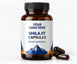 Illustrative shilajit capsules packaging with YOUR LOGO HERE placeholder